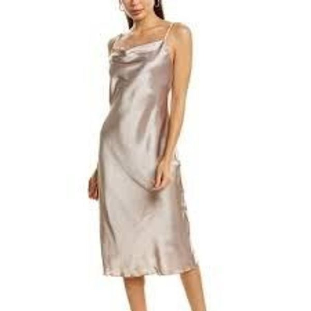 BeBe Satin Cowl Neck MIDI Dress Sz L Silver Adjustable Straps